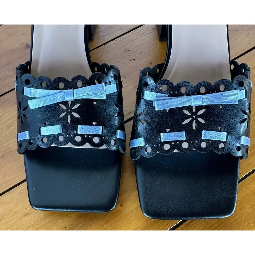 New in box Open Square Toe Black Mules Chunky Block Heel Size 9.5 Ribbon Floral - Picture 4 of 11